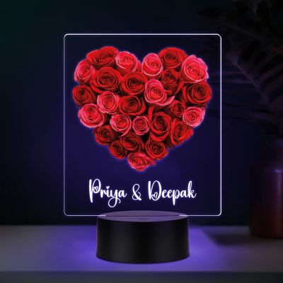 Personalized Name LED Night Light, Rose Heart Design Color Changing Light with Black Base Gift for Valentines Day & Rose Day Gift for Couples